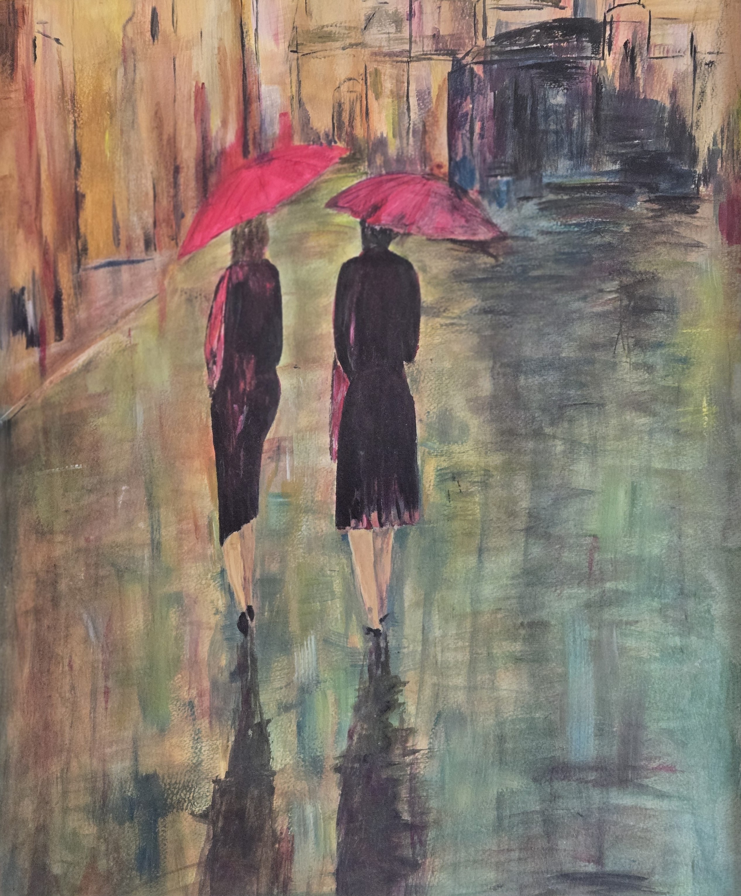 Werk auf einem Malkarton - Zwei frauen mit roten Regenschirm gehen durch die Stadt